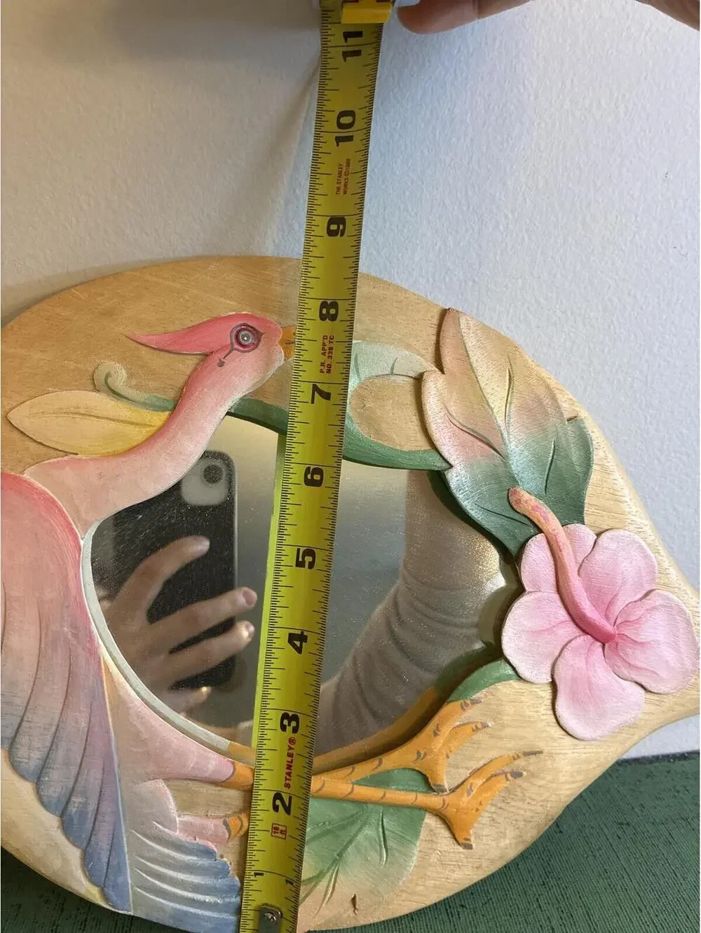 Vintage Hand Carved Flamingo Hibiscus Wood Vanity Mirror Tropical Decor